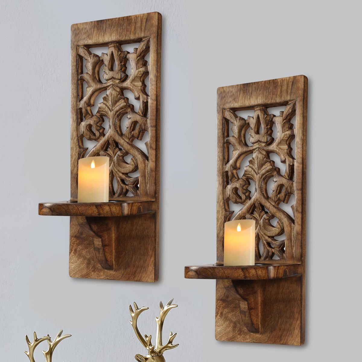 Wall Mount Rustic Candle Sconces Set of 2 - Wooden Floating Shelf Pillar Candle Holders, Farmhouse Wall Décor for Living Room & Bedroom - 16 Inch - Antique Burnt