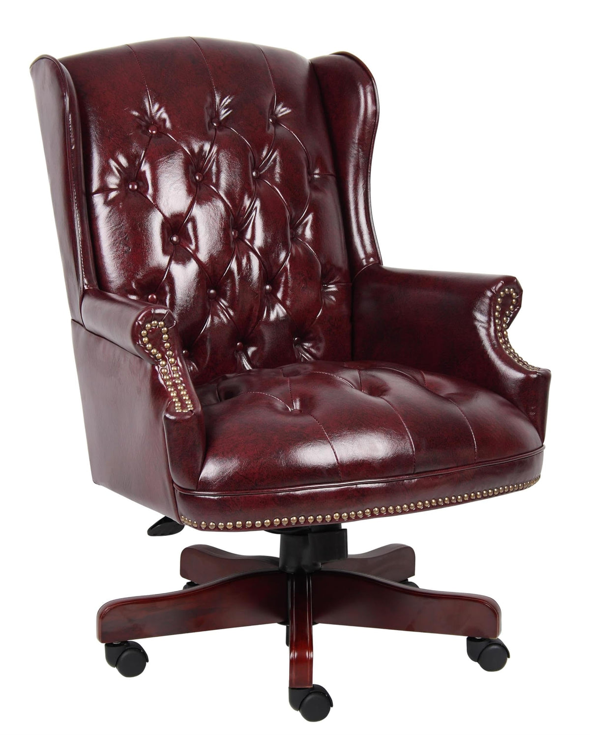 Scranton & Co Traditional Faux Leather Executive Chair, 30" W x 32" D x 41-44" H, Oxblood Red Finish, Tufted Wingback Design, Mahogany Wood Accents, Adjustable Height, Office Desk Chair
