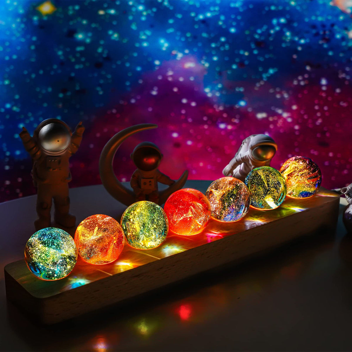 KRISININE 7 Chakra Natural Healing Spheres with LED Wooden Stand 40mm Crystal Quartz Stones for Meditation Positive Energy Night Light Decoration