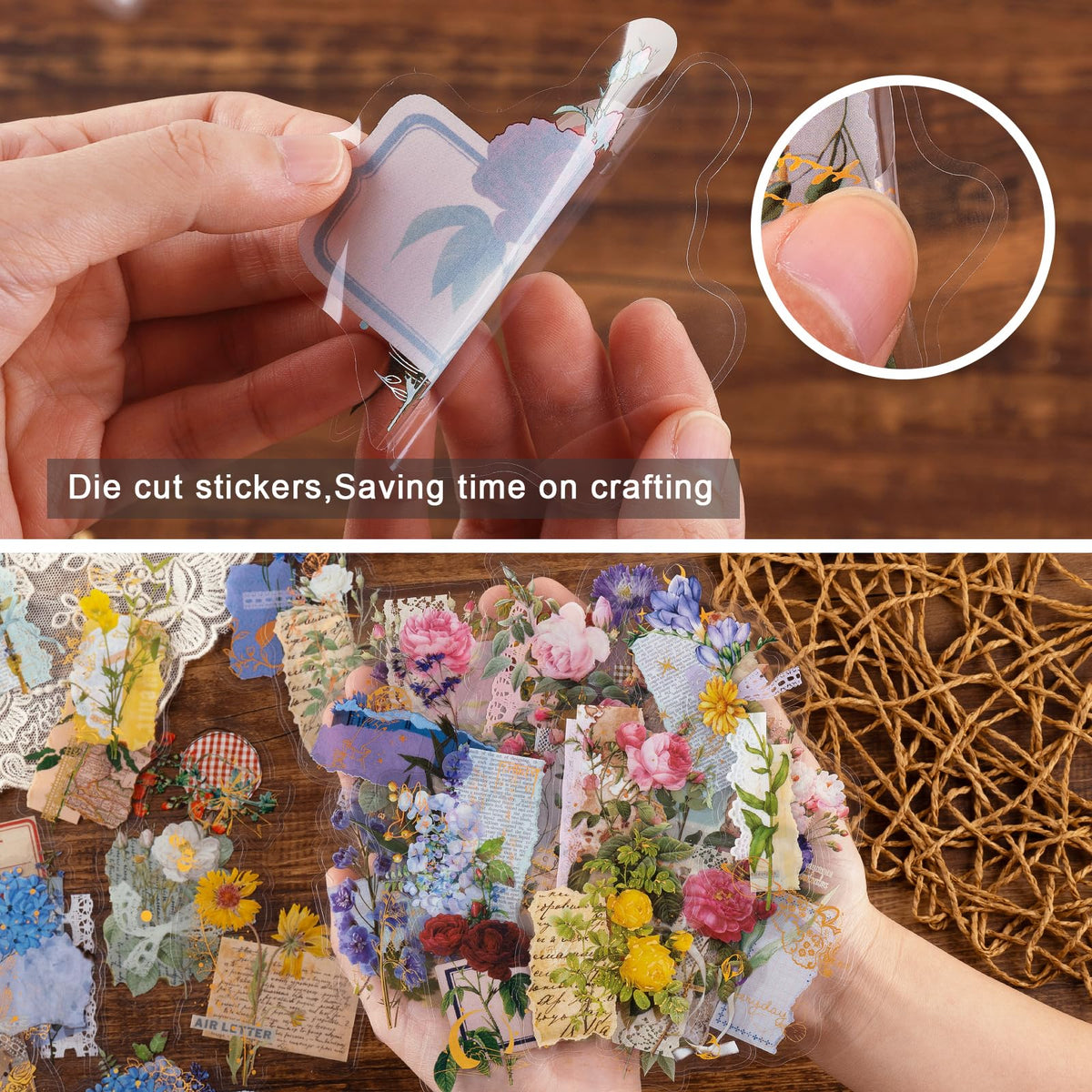 Dizdkizd Die Cut Gold Foil Floral Stickers (180 Pieces), Transparent Aesthetics Sticker Set Vintage Flower Decals for Scrapbooking Card Making Journaling Paper Crafting