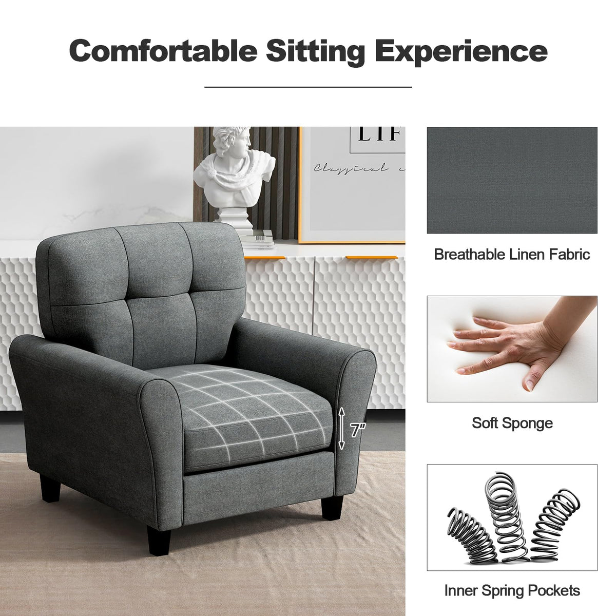 Giantex Modern Mid-Century Accent Chair - Linen Living Room Chair with Tufted Back, 7" Thick Cushion, Max Load 400 lbs, Upholstered Armchair with Non-Slip Foot Pads, Club Chair for Bedroom, Grey