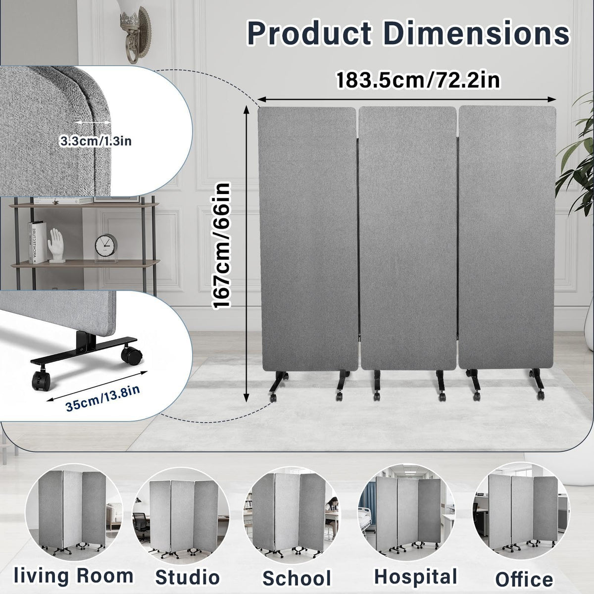 72" X 66" Partition Room dividers, 3 Panel Sound Proof Dividers for Office Partitions, Room Divider Privacy Panel with Wheels, Portable Temporary Wall for Office, Studio, School, Hospital(Light Gray)