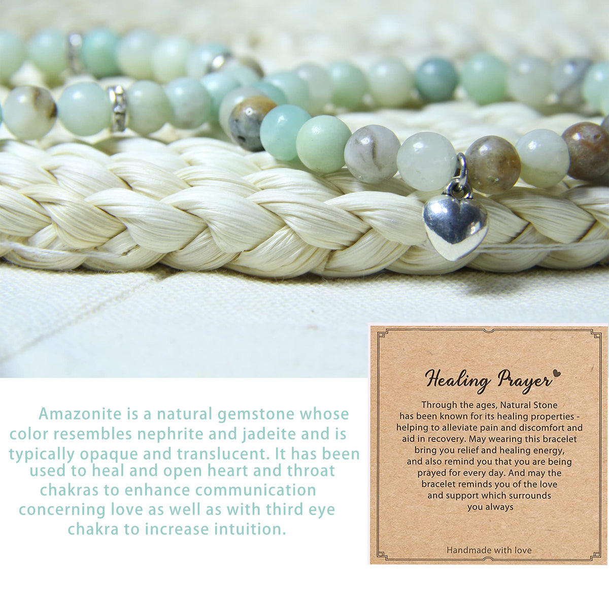 GDLKPYHS Healing Bracelets for Women - Amazonite Bracelet - Healing Prayers Crystal Bracelet, 8mm Natural Stone Stress Relief Yoga Beads Get Well Soon Gifts