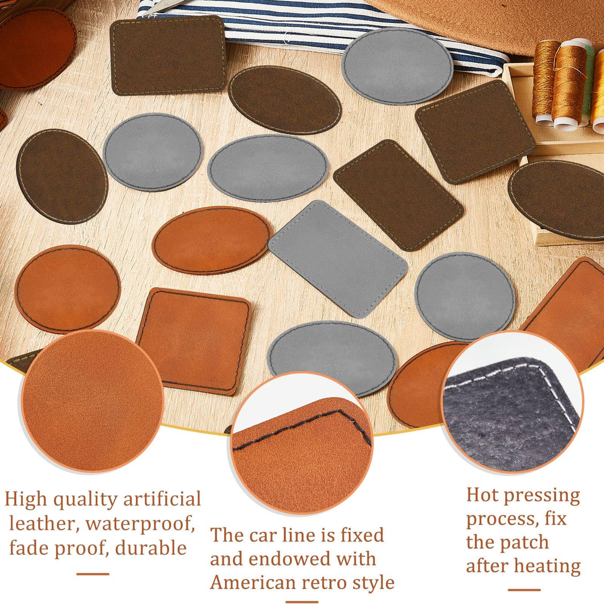 Dunzy 60 Pcs Blank Leatherette Hat Patches Laserable Leatherette Patch Iron on Heat Press with Adhesive Leather Patches for Hats Clothes Repair(Khaki, Golden Brown, Gray,3.5 x 2.5 Inches)