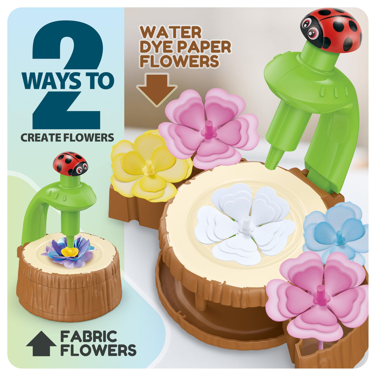 Wiyeang DIY Flower Bouquet Craft Kit for Kids, Water Absorbing Dyeing & Fabric Flowers, Light-Up Music Base, Bug Garden Theme, Creative Art Toy Gift for Girls Ages 3–6
