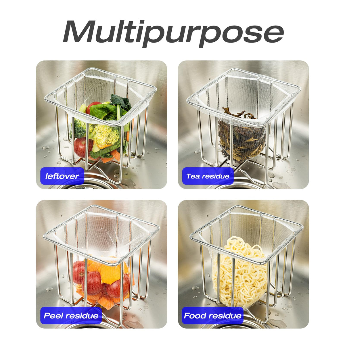 Kitchen Sink Strainer with Sink Basket Holder and 300 Strainer Net Bags,Food Catcher with drain filter Mesh bag,Meshmate Waste Rack Trash Catcher for Leftovers.