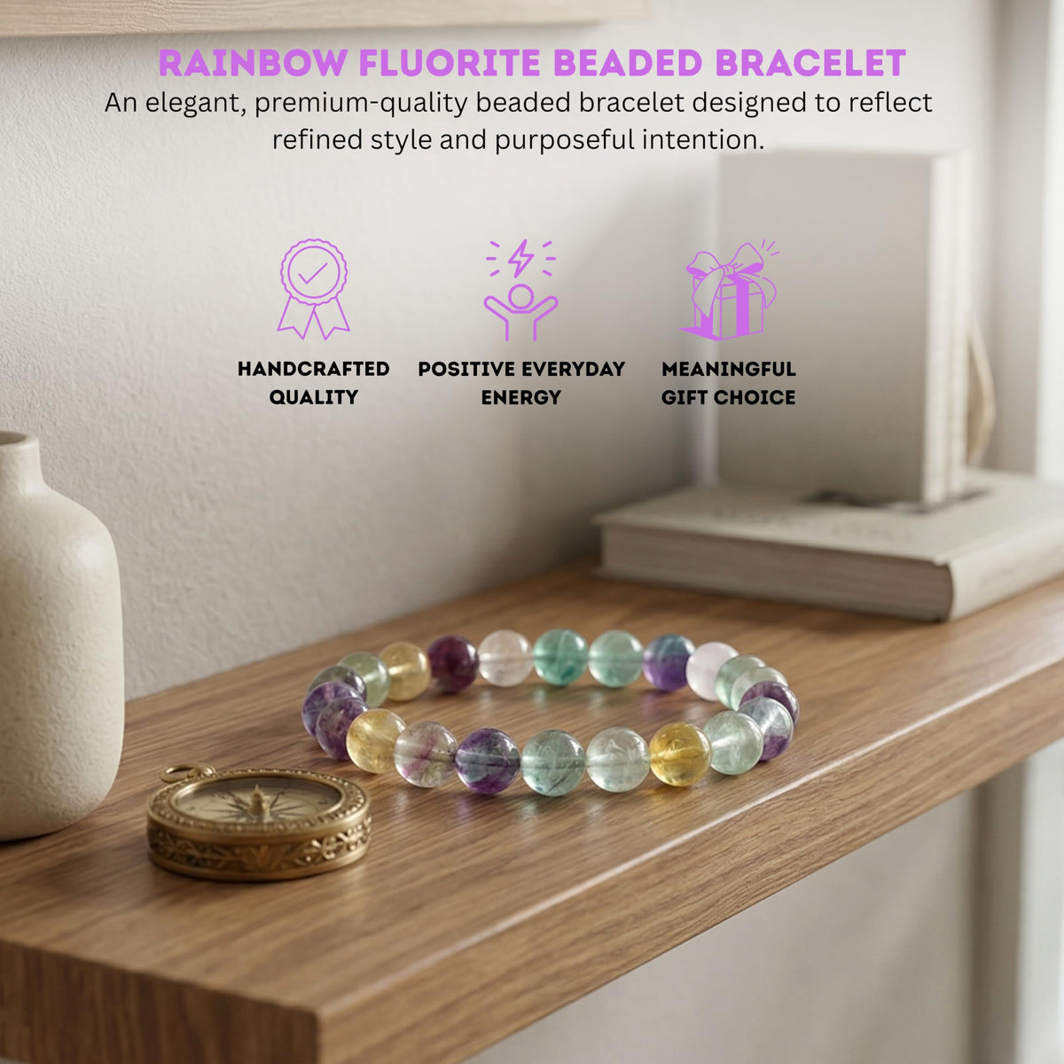 Cherry Tree Collection Rainbow Fluorite Beaded Bracelet – Genuine 8mm Gemstone Stretch Bracelet for Men & Women – Handmade Crystal Bracelet - (Rainbow Fluorite - M)