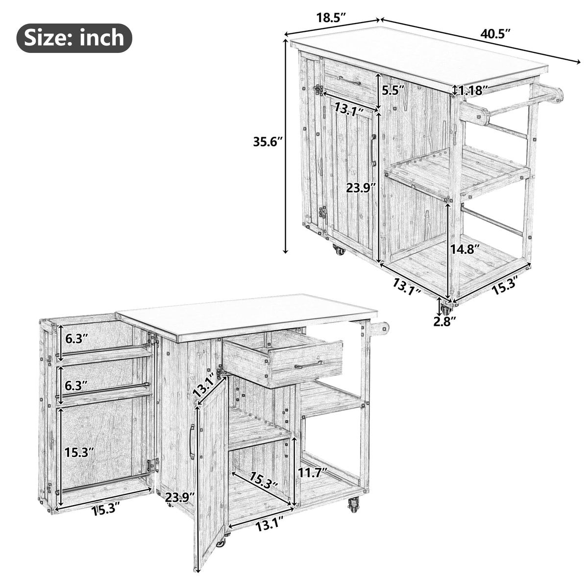 Outdoor Kitchen Island Cart with Stainless Steel Top, Rolling Grill Table with Storage Cabinet Drawer Shelves and Towel Rack, Wooden BBQ Prep Station with Lockable Wheels for Patio Backyard, Grey