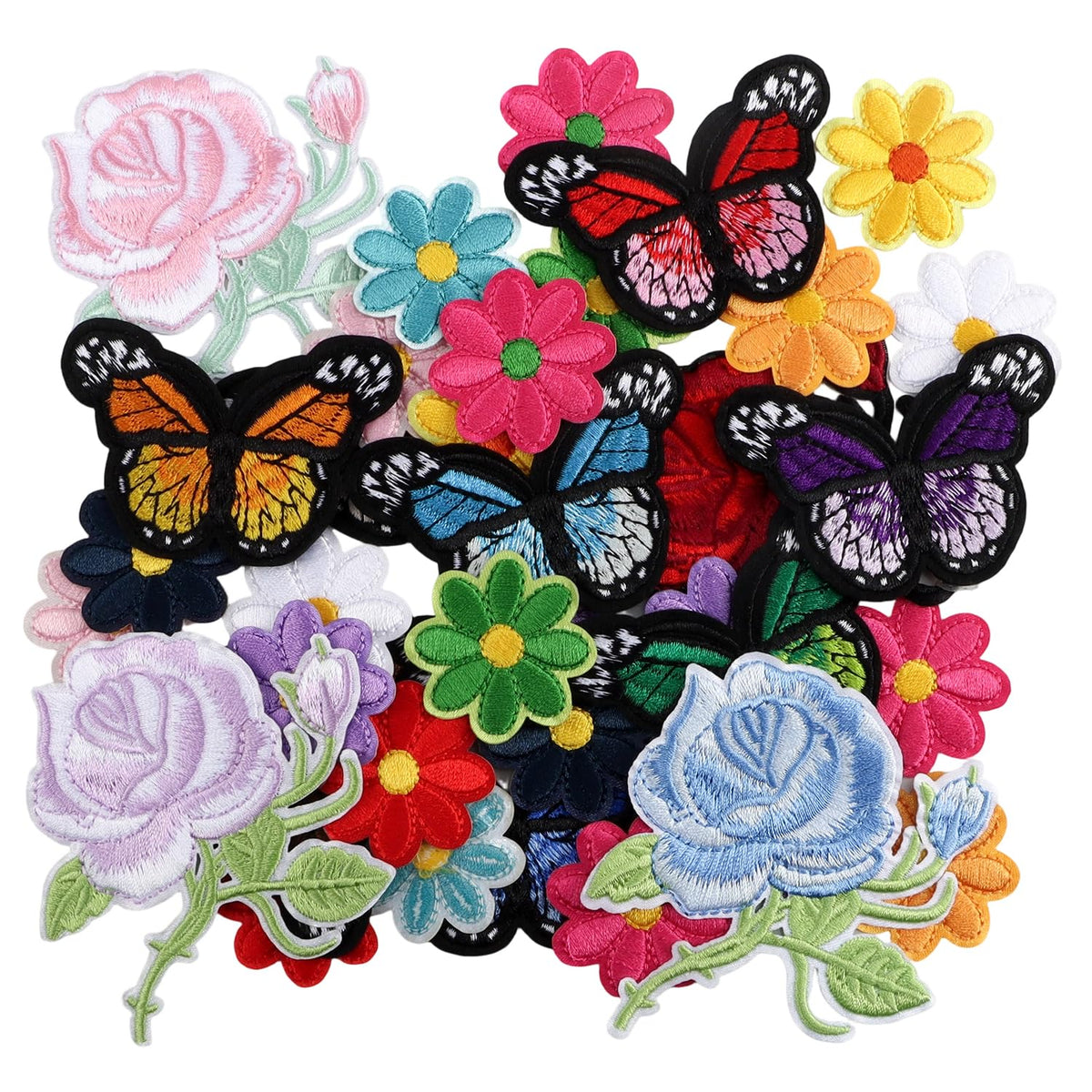 36Pcs Flower Iron On Patches, Cute Butterfly Sew On Embroidered Applique Repair Patches for Clothing, Hats, Backpacks, Jackets, Bags