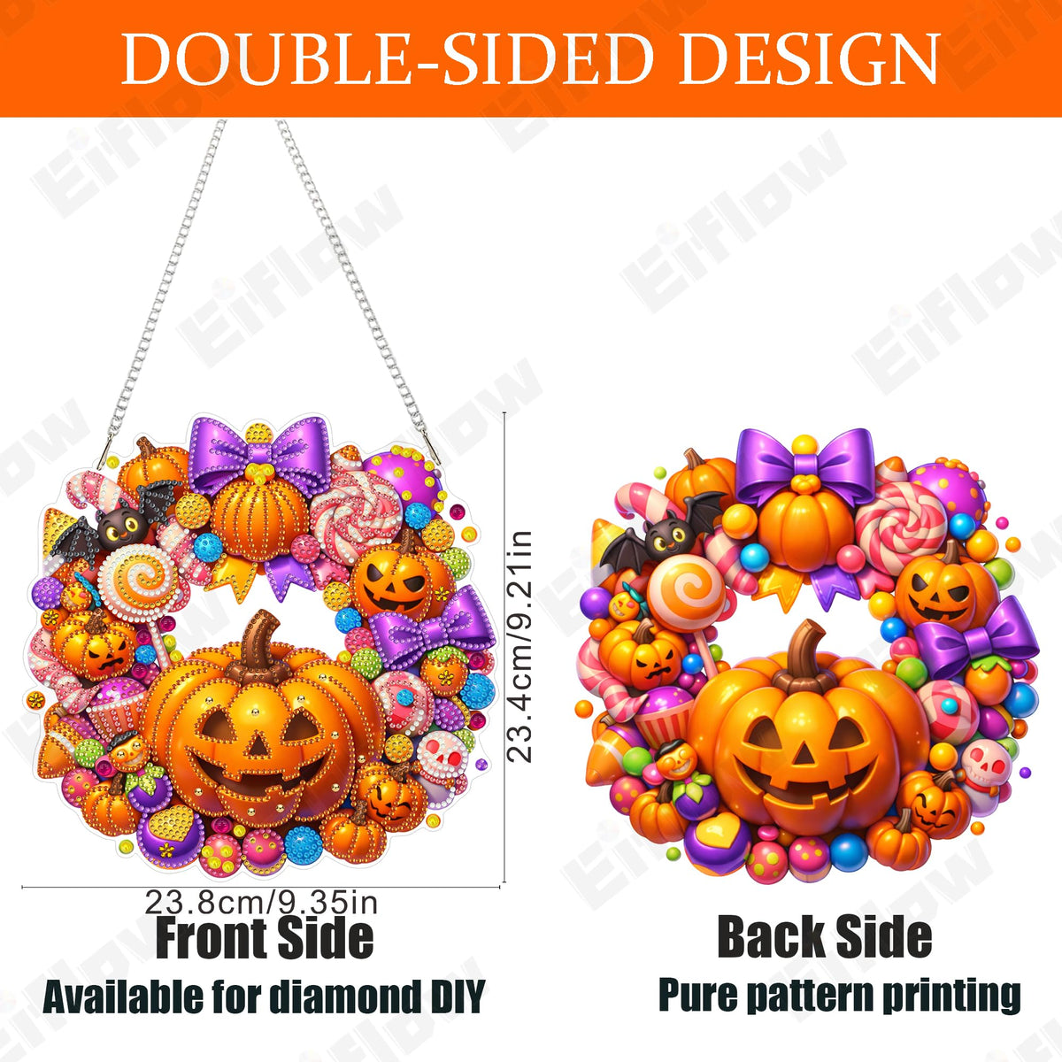 Eiflow Diamond Art Hanging Kit for Adults Candy Pumpkin, DIY Diamonds Pearl Painting Door Hanger Board Kit, Special Crystal Diamond Art Painting Pendant Ornament (Halloween Wreath)