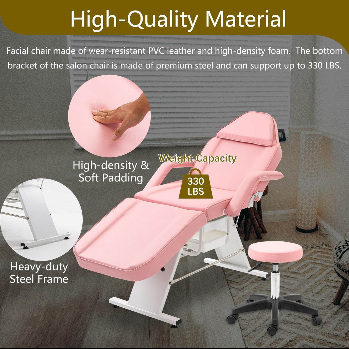 Massage Salon Tattoo Chair with Two Trays Esthetician Bed with Hydraulic Stool,Multi Purpose 3 Section Facial Bed Table, Adjustable Beauty Barber Spa Beauty Equipment, Pink