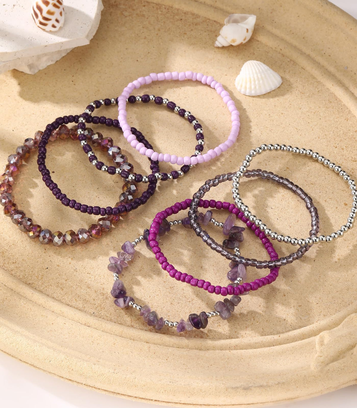 Noessla Boho Beaded Bracelets for Women Stackable Irregular Natural Stone Bead Stretch Bracelet Set 8PCS Costume Jewelry Gifts for Her(Purple)