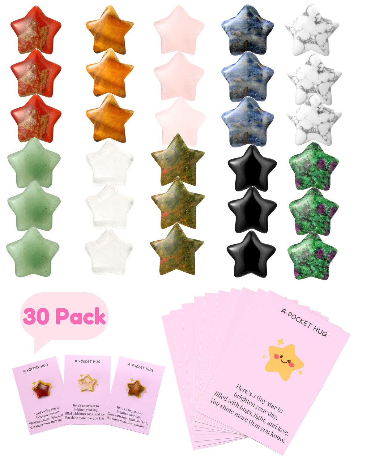QianCannaor Pocket Hug Cards Bulk Crystal Stone Gift Set - 30Pcs Natural Star-Shaped, Mini Thoughtful Gifts for Friends, Coworkers & Family – Bulk Valentines Day Gifts for Adults, Ladies, College Students, Friends - Thinking of You Anxiety Relief Keepsake