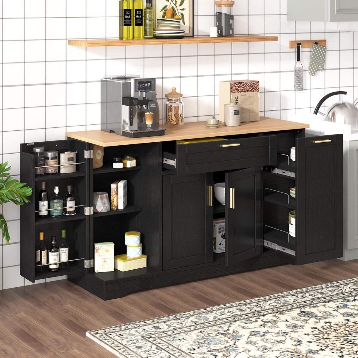 GDFStudio Buffet Cabinet with 3-Tier Pull-Out Rack, Adjustable Shelves, Multi-Functional Storage Cabinet Sideboard Coffee Bar Cabinet, Kitchen Island Storage for Dining Room Living Room, Black