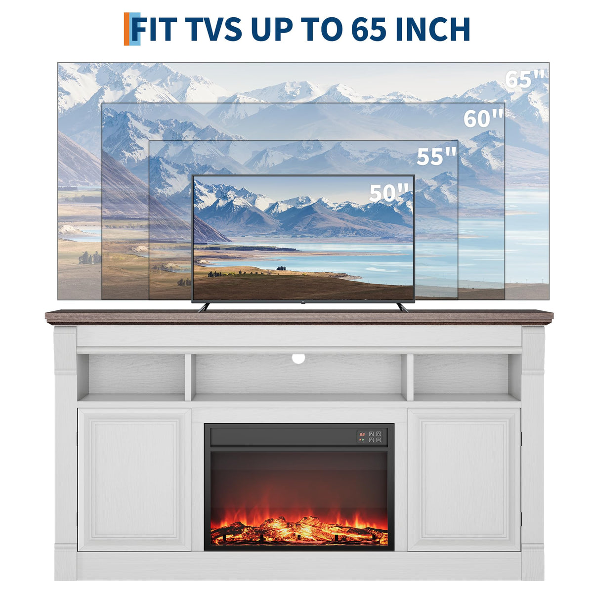GAOMON 58 Inch Fireplace TV Stand, Wooden Entertainment Center with 36 Inch Electric Fireplace, 3D Realistic Flame, Farmhouse Media Console with Storage Cabinets for Living Room, White+Brown