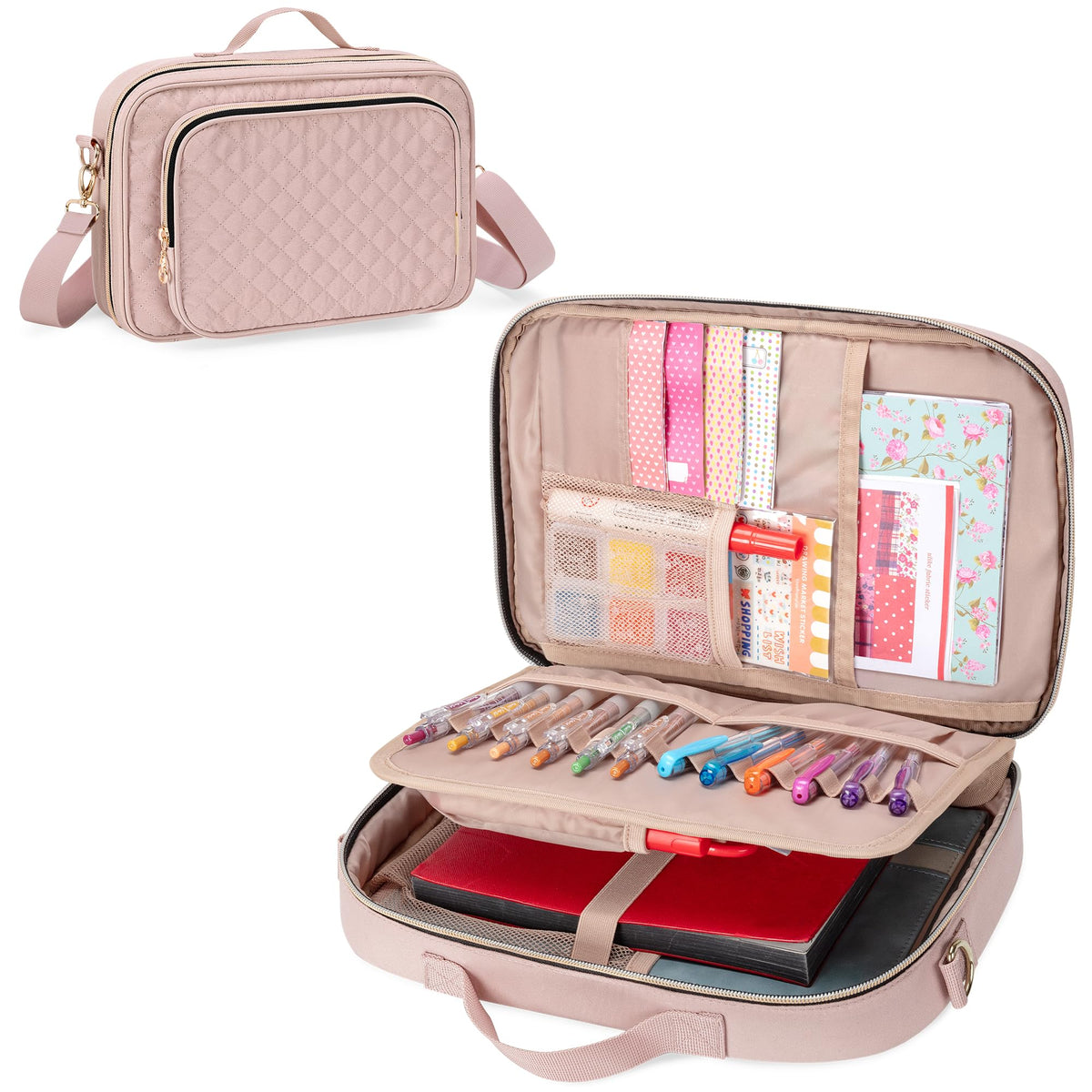 Teamoy Journal Supplies Storage Case, Journal Supplies Holder with Detachable Pen Slots, Travel Organizer Holder for B5 Notebooks, Planner, Pens, Journal Supplies and Accessories, Pink Quilted