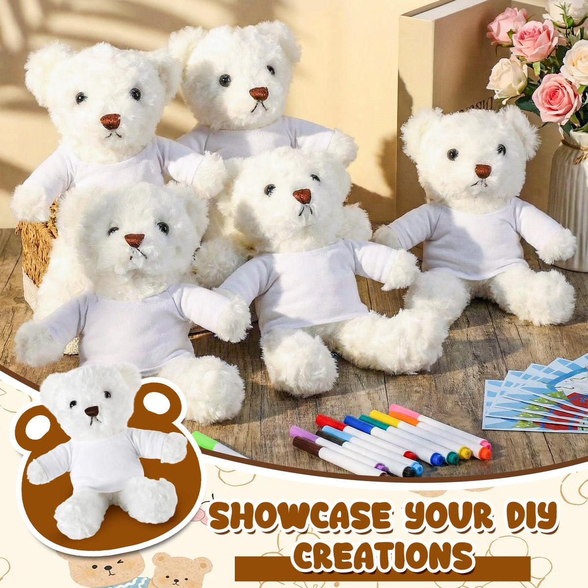 40 Pcs Make Your Own Stuffed Animal Bear Kit DIY 2026 Graduation Plush Gift 10 Pcs 9.84 Inches Rose Velvet Bear 10 White T Shirt 10 Set 12 Color Pen and Card for Graduates Party Craft Gift(White)