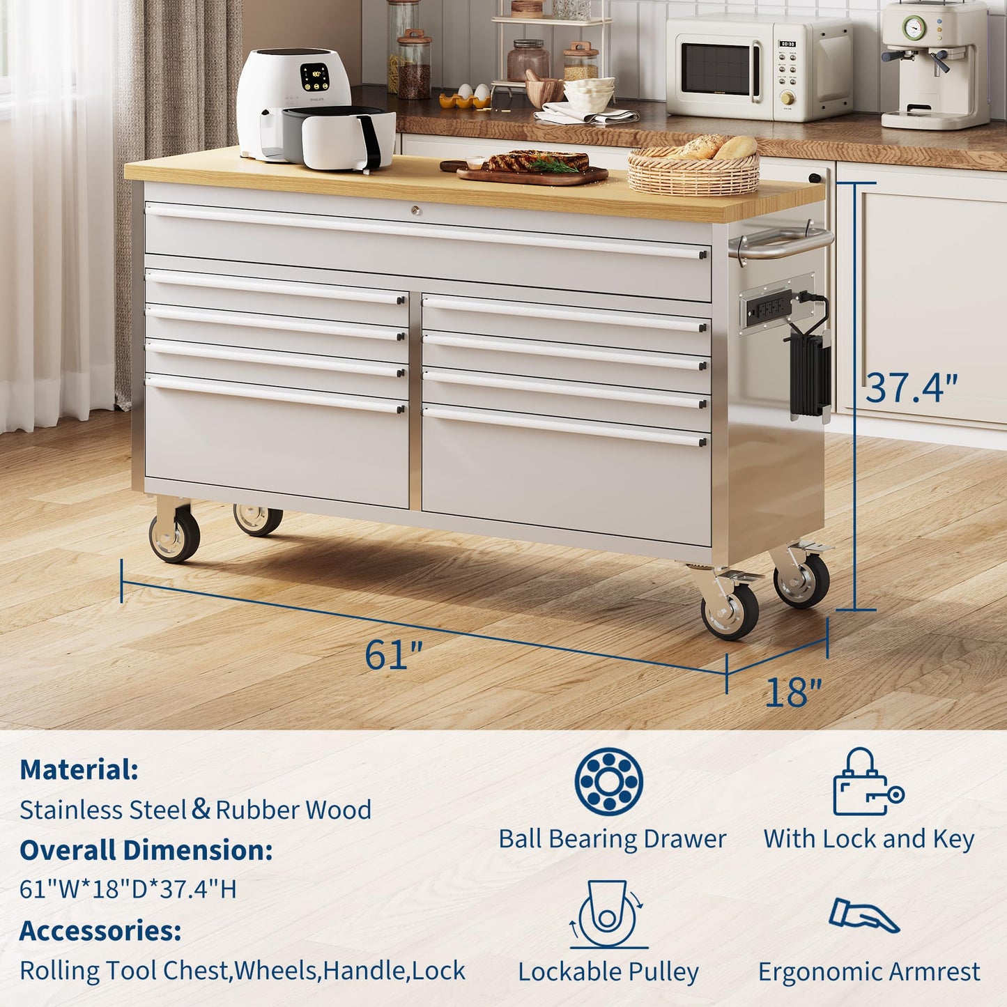 SierraSquad 61 Inch Rolling Tool Chest, Garage Workbench with 9 Drawers, Solid Rubber Wood Top, Wheels Lock Key Locking System, Mobile Tool Cabinet Garage, Warehouse and Repair Shop