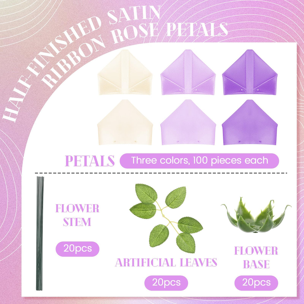 Thiccywoov 360 Pcs Premade Satin Ribbon Rose Petals DIY Kit with Flower Calyx Bases and Leaves Stems Half-Finished for Eternal Rose Flower Bouquet Gift for Anniversary Wedding Birthday(Purple Series)