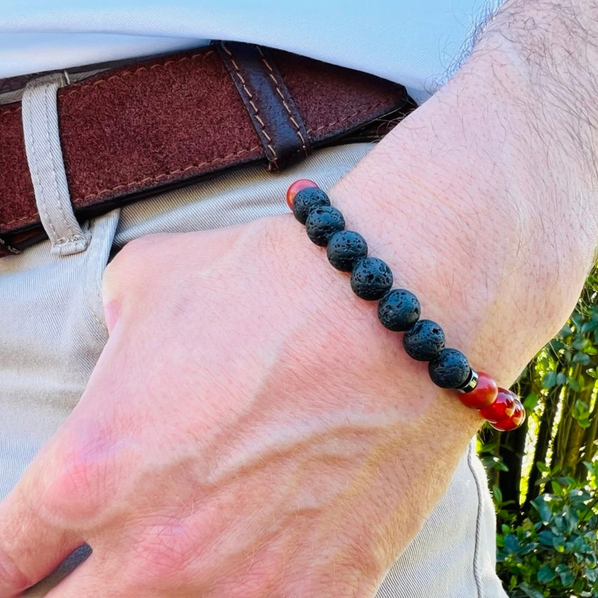 TEJO Natural Stone Beaded Bracelet – Handmade Energy Healing Bracelet for Men & Women, Yoga Chakra Jewelry Gift (Black & Red Natural Stone Bracelet – for Men, 7 inches)