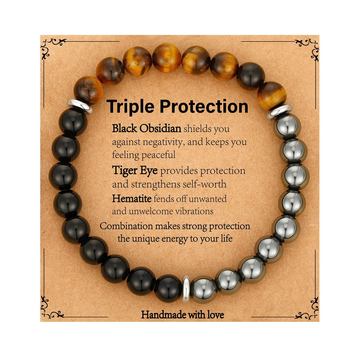Gnamy Bracelet Gifts for Him Men Husband Boyfriend, Triple Protection Beaded Hematite Tiger Eye Black Obsidian Gemstone Bracelets Birthday Anniversary Healing Easter Valentines Christmas Jewelry Gifts