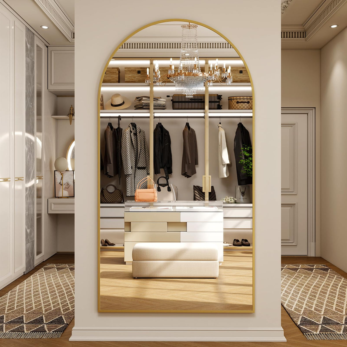 Riskioir 86" x 40" Large Arch Full Length Mirror - Floor Full Body Mirror with Aluminum Frame - Standing, Leaning or Hanging, for Bedroom, Living Room, Gold