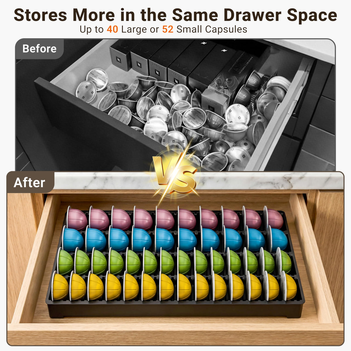EVERIE Drawer Coffee Pod Organizer for Vertuo Capsules – Holds Up to 40 Large or 52 Small Pods, Space-Saving Insert Tray, Fits Kitchen Cabinets, 15.4" x 10.2" x 1.2"