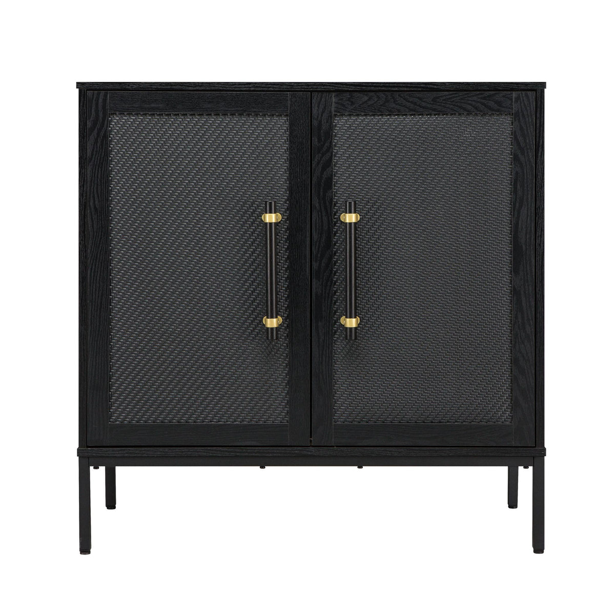 Hopper Studio Sophia 2-Door Accent Cabinet, Black Finish with Rattan Doors & Wood/Brass Handles, Adjustable Shelf, Aluminum Legs, Mid-Century Modern Storage for Luxury Living Room, Kitchen, Entryway