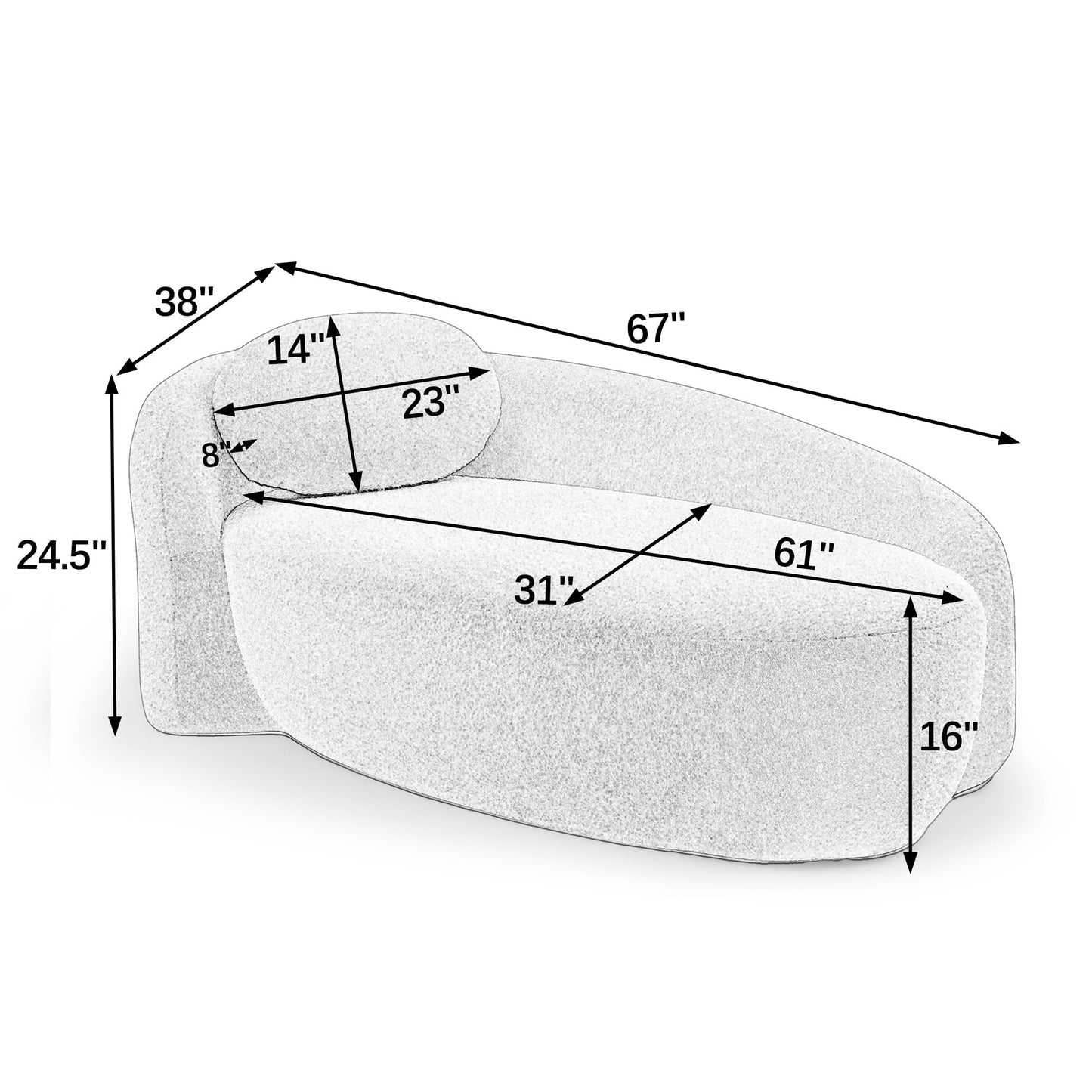 KEIKI 67" L Boucle Chaise Lounge Sofa Chair Indoor with Backrest, Armrest & Pillow, Oval Upholstered Single Lounger Sleeper Chair, Modern Reading Lazy Cloud Sofa Bed Recliner for Living Room Bedroom