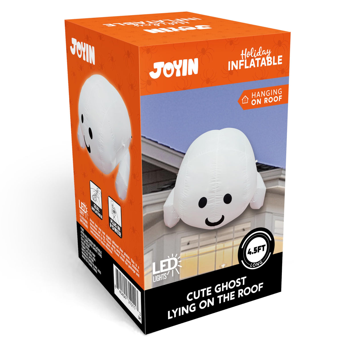 JOYIN Halloween Inflatable Outdoor Decorations, 4.5ft Inflatable Cute Ghost Decoration Lying On The Roof with LEDs, Halloween Blow Up Yard Decor for Parties Roof Decor
