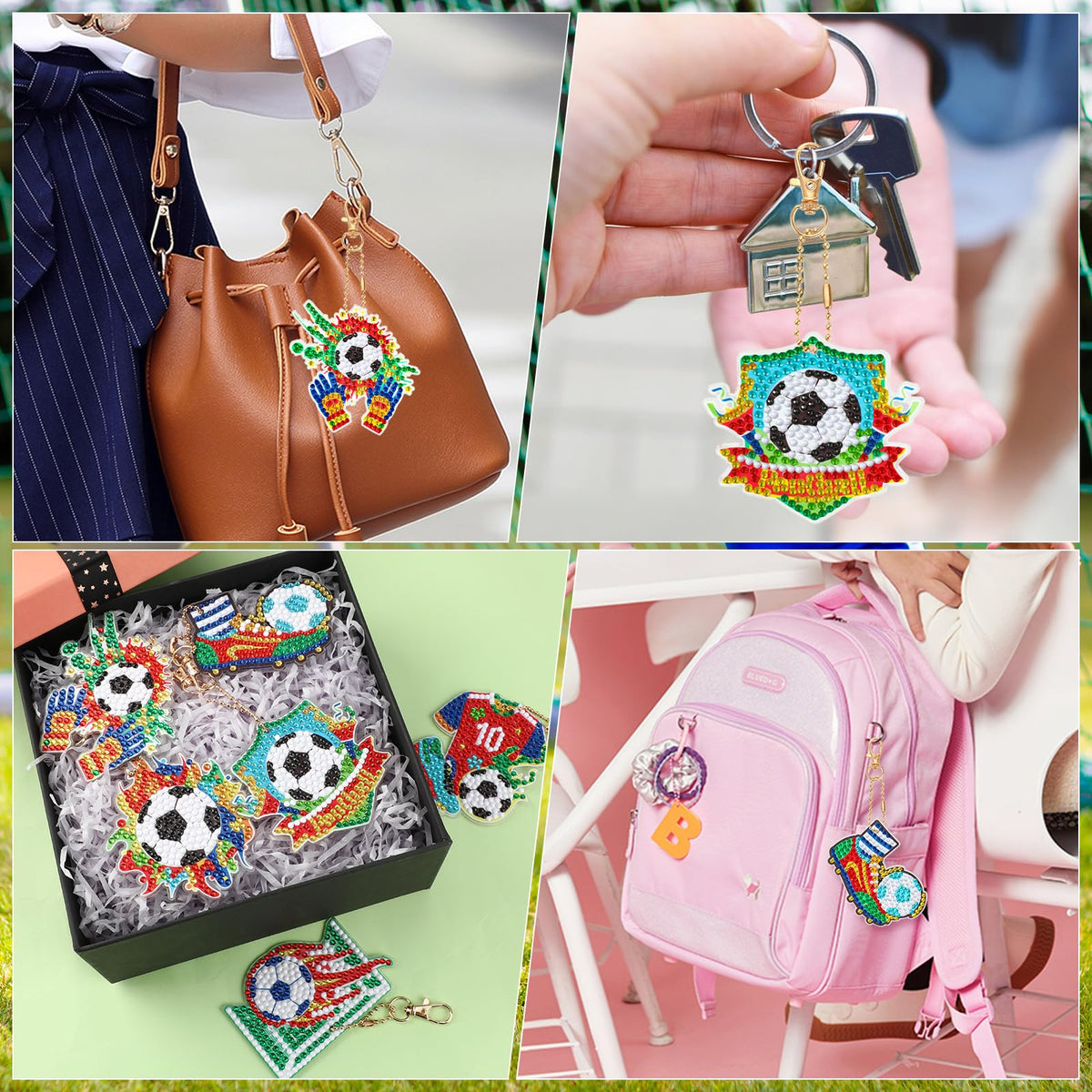 JSRQT 5D DIY Football Diamond Art Painting Keyrings Kit, Double-Sided Diamond Pasted Painting Keychians for Adult Kids, Rhinestone Mosaic Craft Painting Pendant for Handbag Backpack Party Decoration