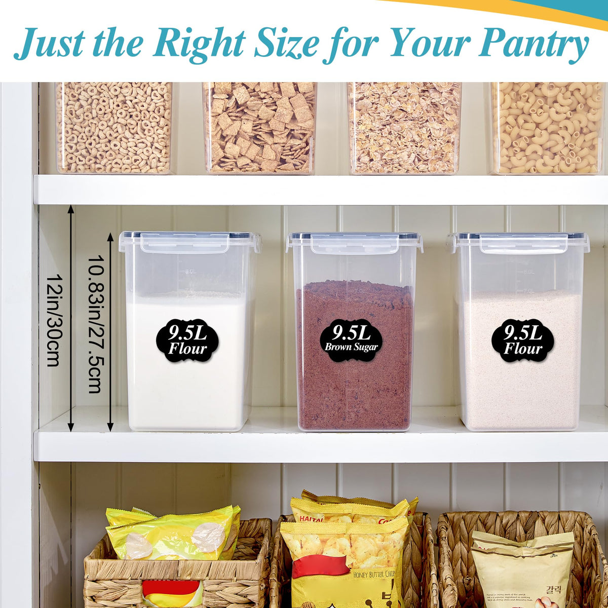 Vtopmart 9.5L 2 Pack Extra Large Flour Sugar Storage Containers for 25lbs flour, Airtight Kitchen Pantry Organization Canisters with Lids for Bulk food, Rice, Baking Supplies, BPA Free, Black