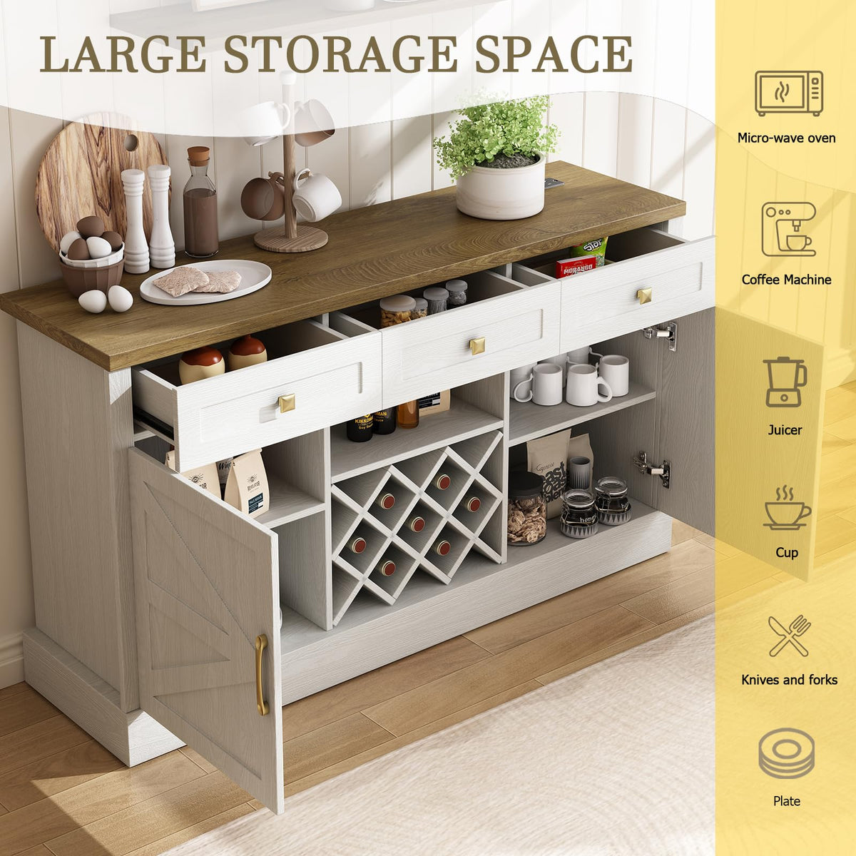JGOEI 55.12" Kitchen Cabinet Storage, Farmhouse Coffee Bar with Power Outlet, Wood Cabinet with 3 Drawer, Removable Wine Rack for Dining Room, Kitchen, Living Room, White