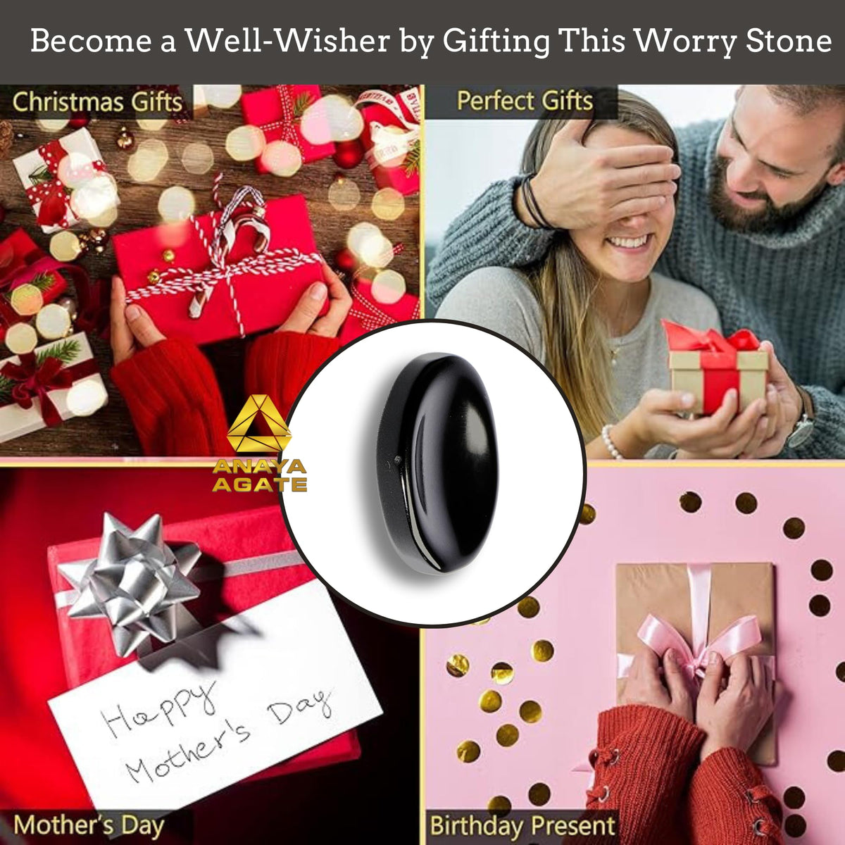 Anaya Agate Black Obsidian Worry Stones Certified Crystal Thumb Worry Stone for Anguish, Relaxing and Soothing Balance Stones for Meditation, Stress Relief Crystals and Healing Stones for Men, Women