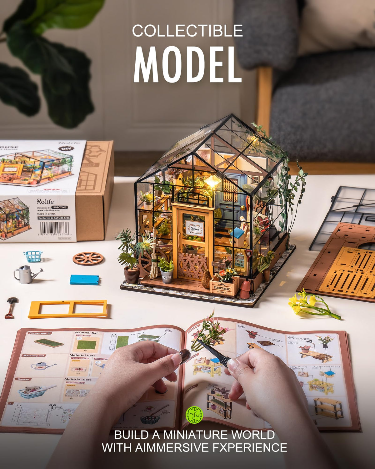 Rolife DIY Miniature Greenhouse Kit, Tiny/Mini House Making Kit with Furniture for Adults, Furniture, Halloween/Christmas Decorations, Gifts for Family and Friends (Cathy's Greenhouse)
