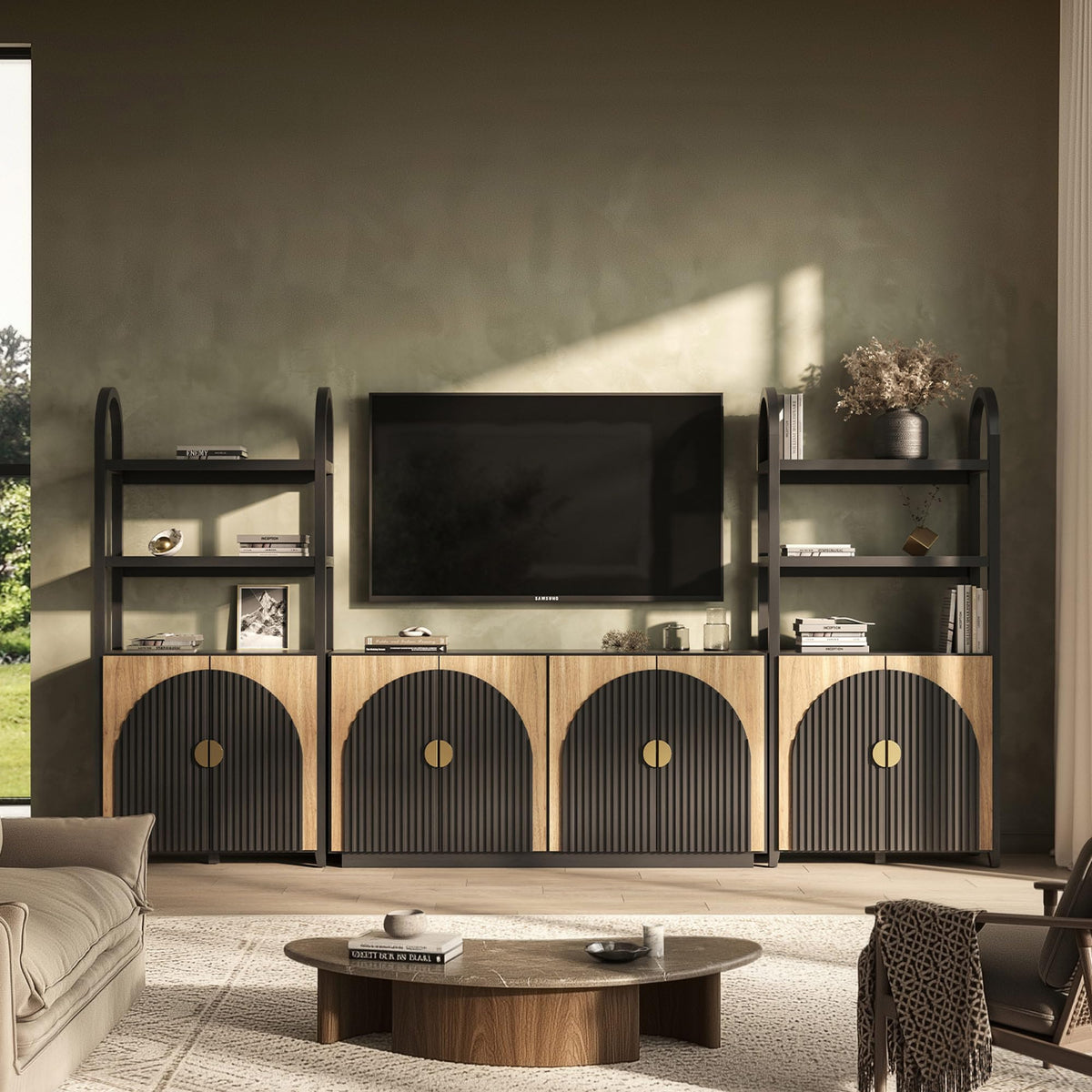 BELLEZE 3-Piece Arched TV Stand Entertainment Center with Storage, Mid Century Modern 2-Piece 72″ Tall Storage Cabinets and 65″ Fluted TV Console for Living Room (Camel)