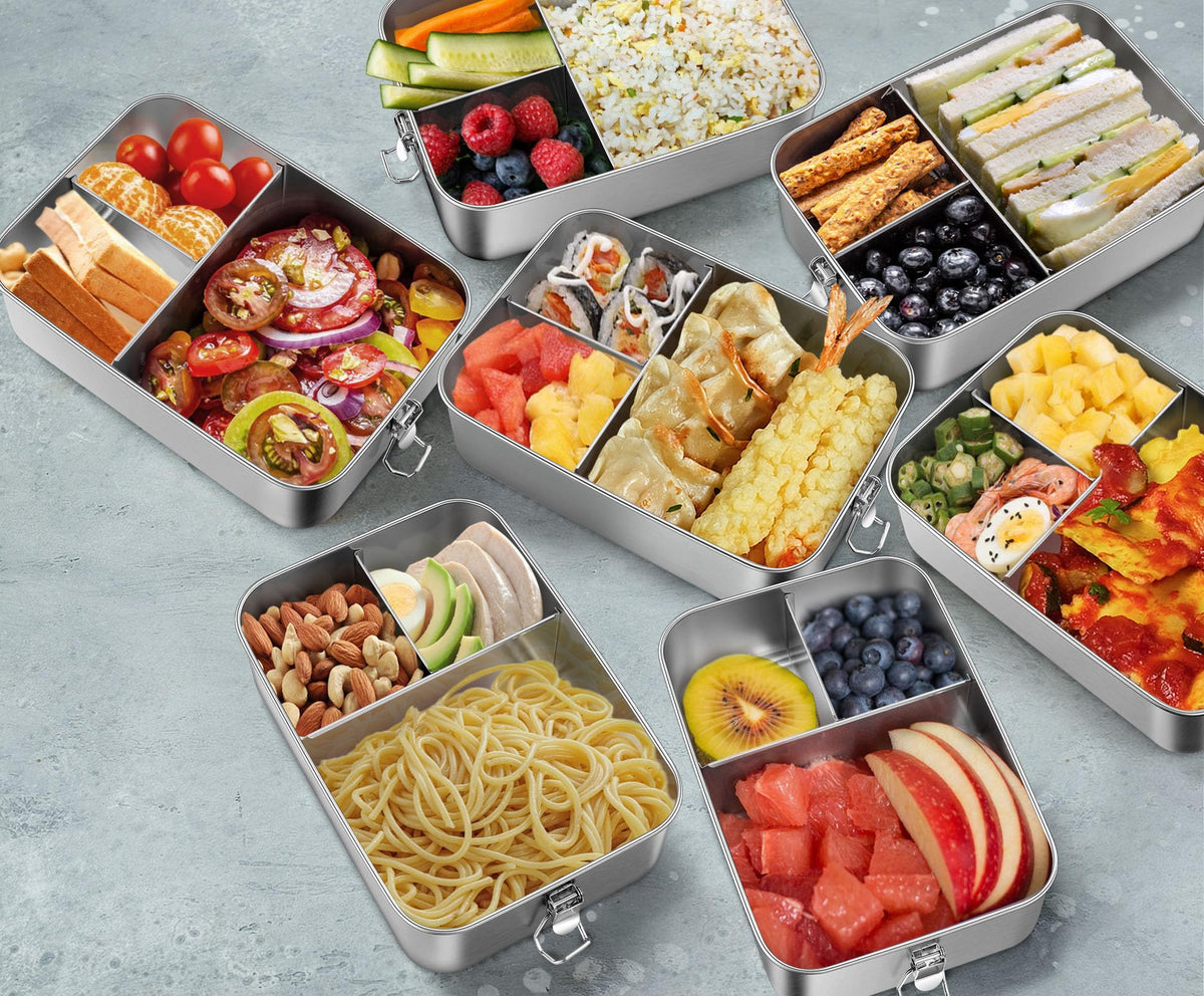 Leonyo 18/10 Stainless Steel Bento Box 28oz, 850ml Metal Lunch Box with Removable Divider, 3 Compartments Stainless Steel Food Snack Lunch Containers for Woman Man, Leak-Proof, Dishwasher Safe