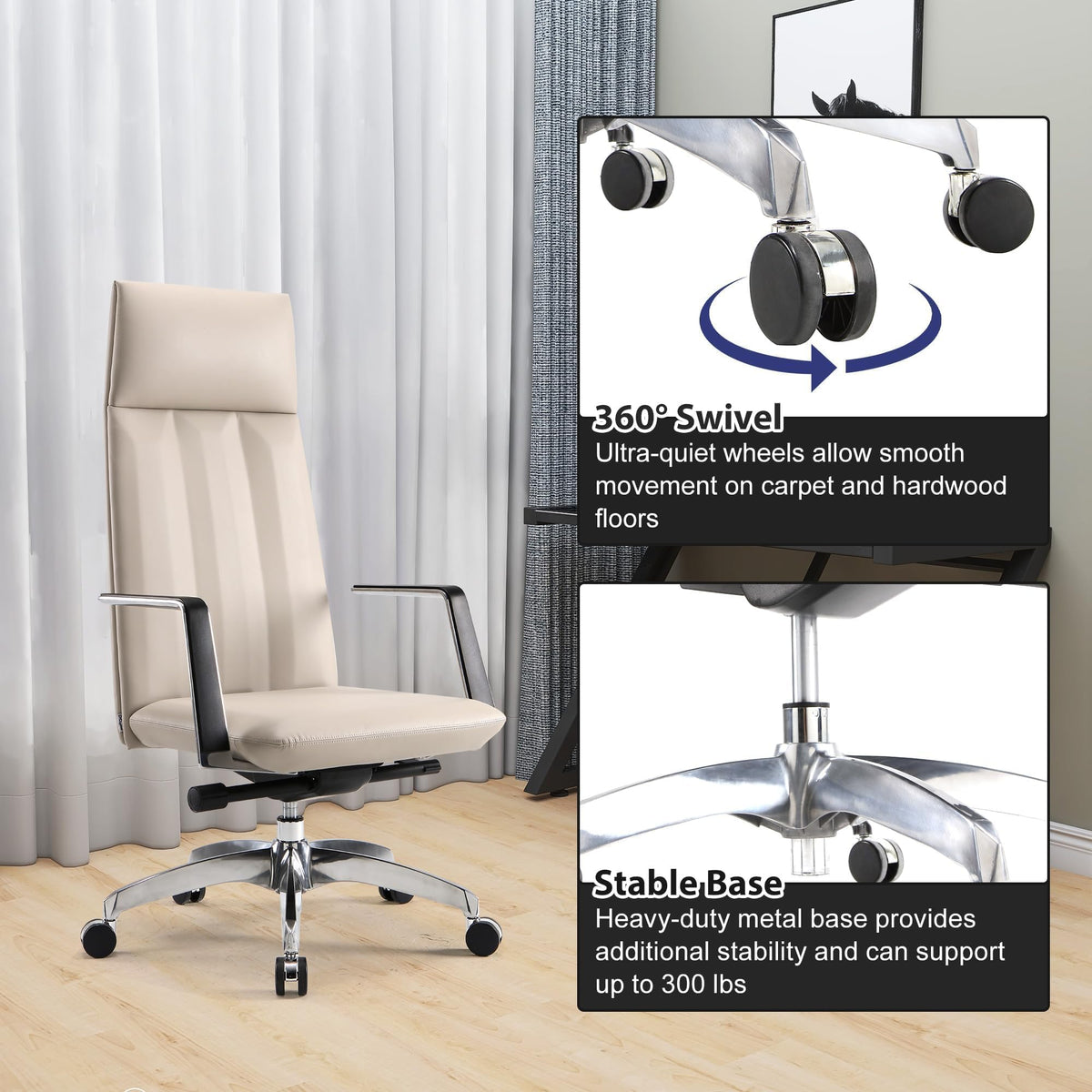 Ergonomic High Back Office Chair, Big and Tall Office Desk Chairs with Adjustable Height and Tilt Angle, Mid Century Modern Computer Desk Chair, Leather Executive Chair for Home Office(Khaki)