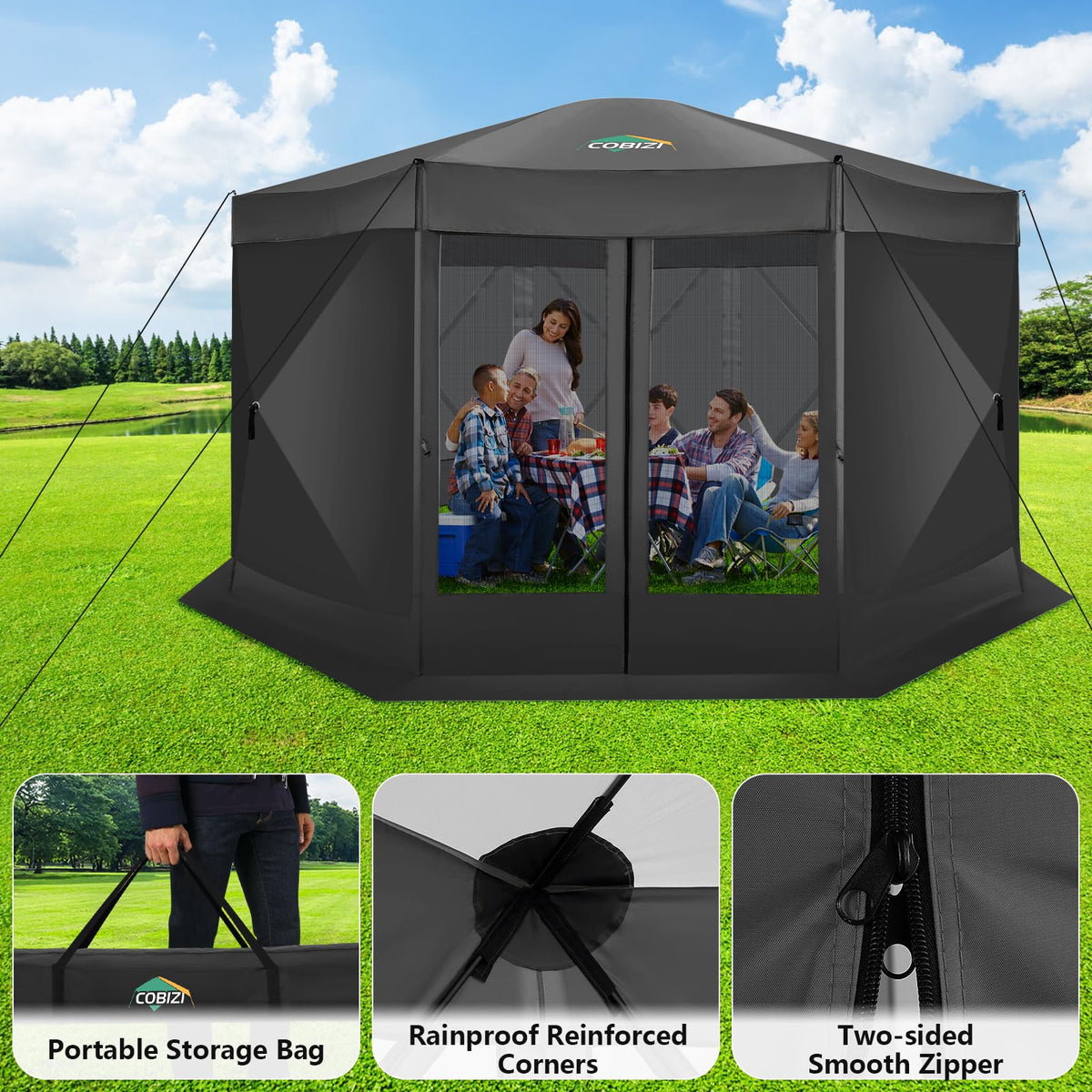 COBIZI 15'x15' Pop Up Gazebo Screen Tent Screen House for Camping, Screen Room with Mosquito Netting, Hub Tent Instant Screened Canopy with Carrying Bag and Ground Stakes, Black