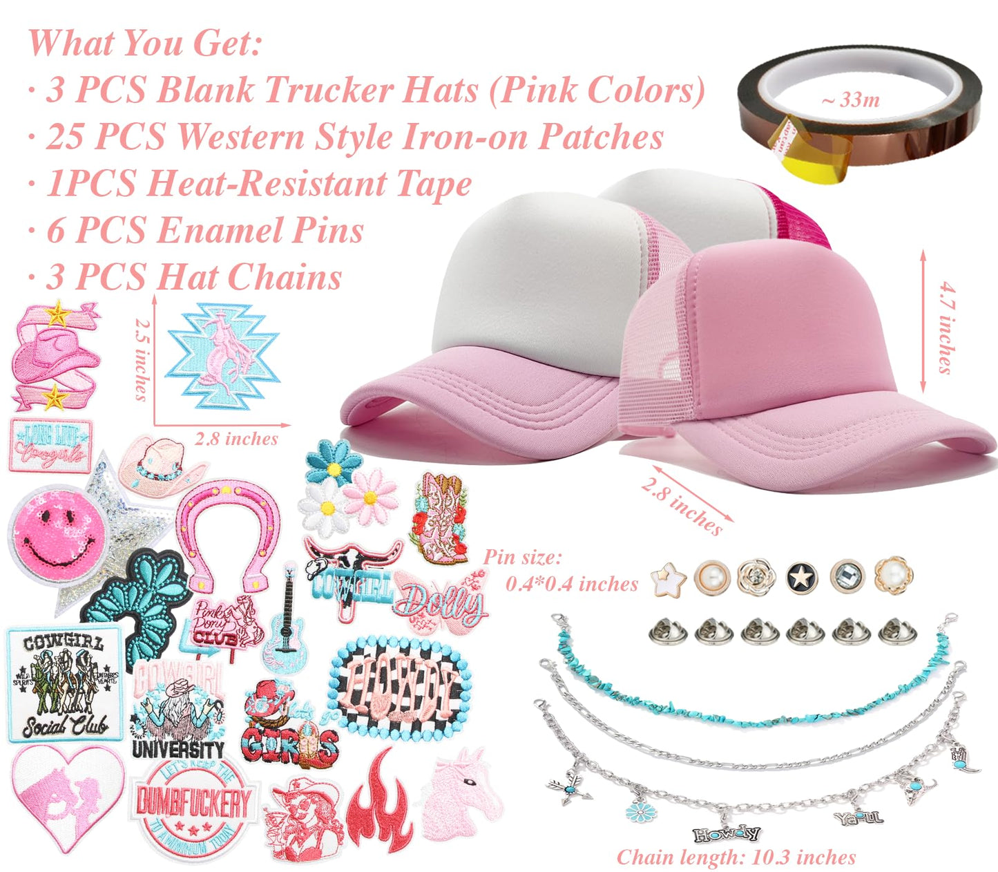 HEYTRCO Pink Western Trucker Hat DIY Kit, 3 Pink Mesh Foam Hats, 25 Patches, 3 Chains, 6 Pins, Heat-Resistant Tape for Custom Cowgirl Hats, Girls DIY Craft Set