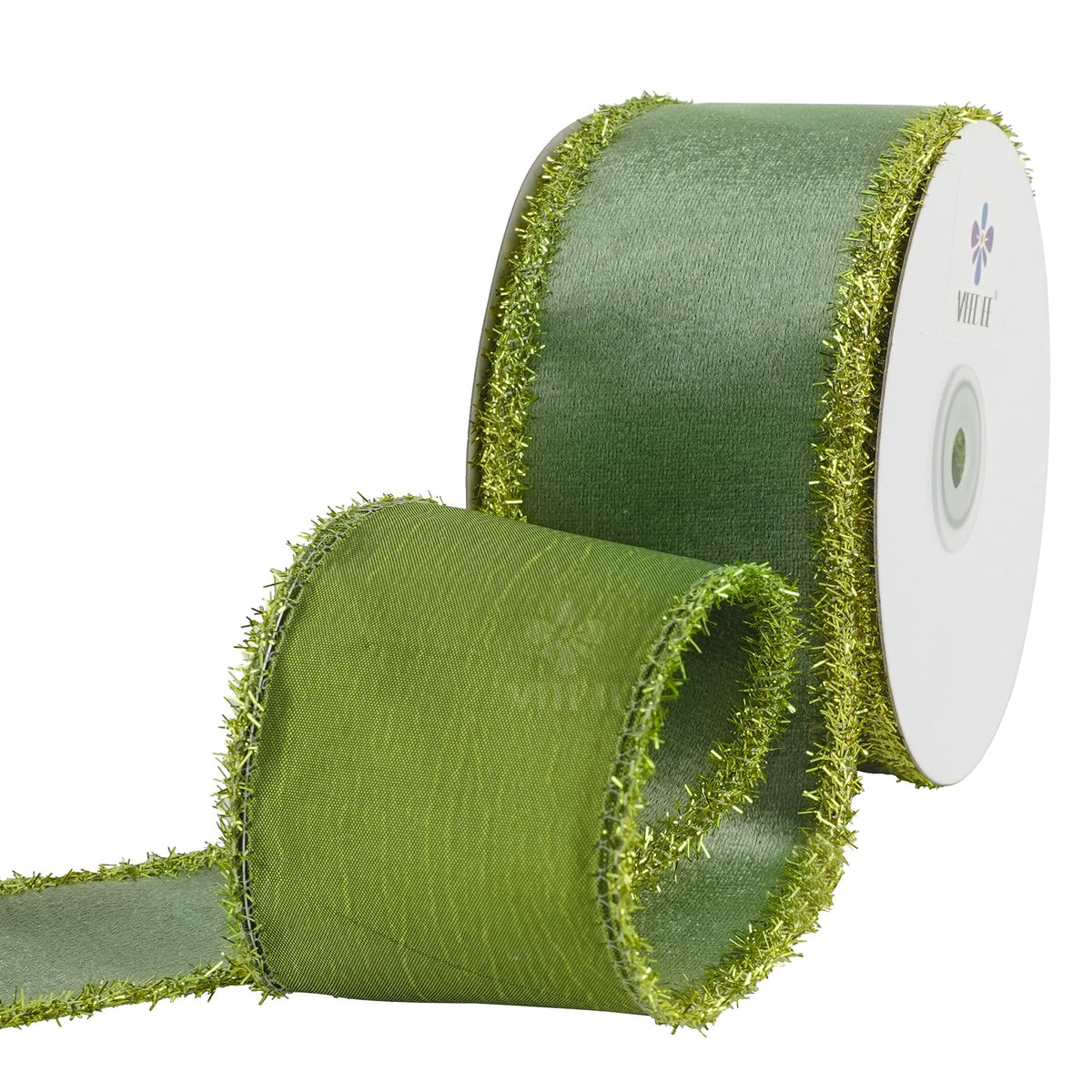 MEEDEE Moss Green Velvet Gold Tinsel Edge Ribbon 2.5 Inch Christmas Metallic 10 Yards Spool for Tree, Garlands, Wreaths, Bows, Tree Toppers, Crafts