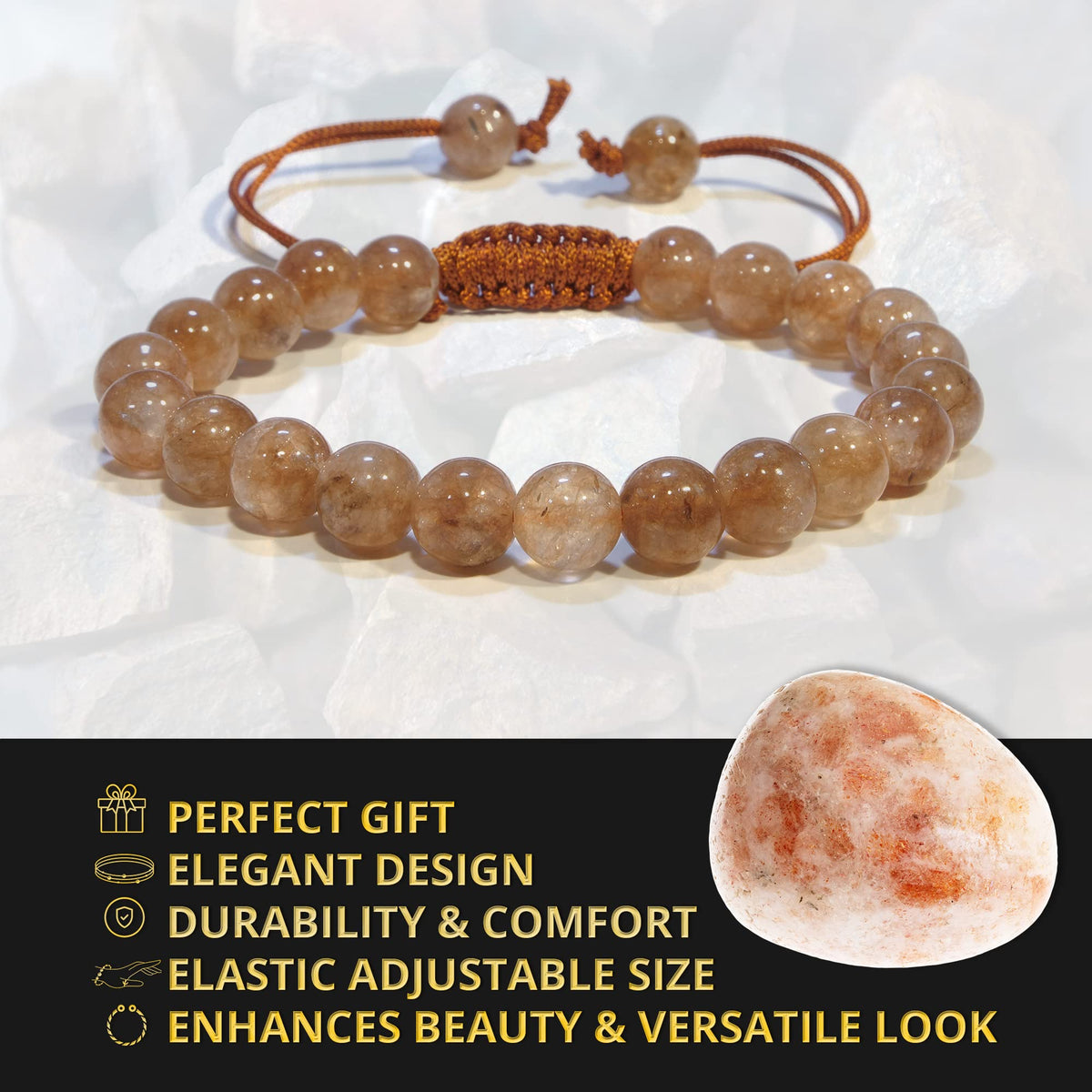 ANAYA AGATE Healing Crystal Bracelet – Chic Gemstone Bracelet for Men and Women – 8mm Round Bead Bracelets for Spiritual Healing, Protection, Positive Energy - Sunstone
