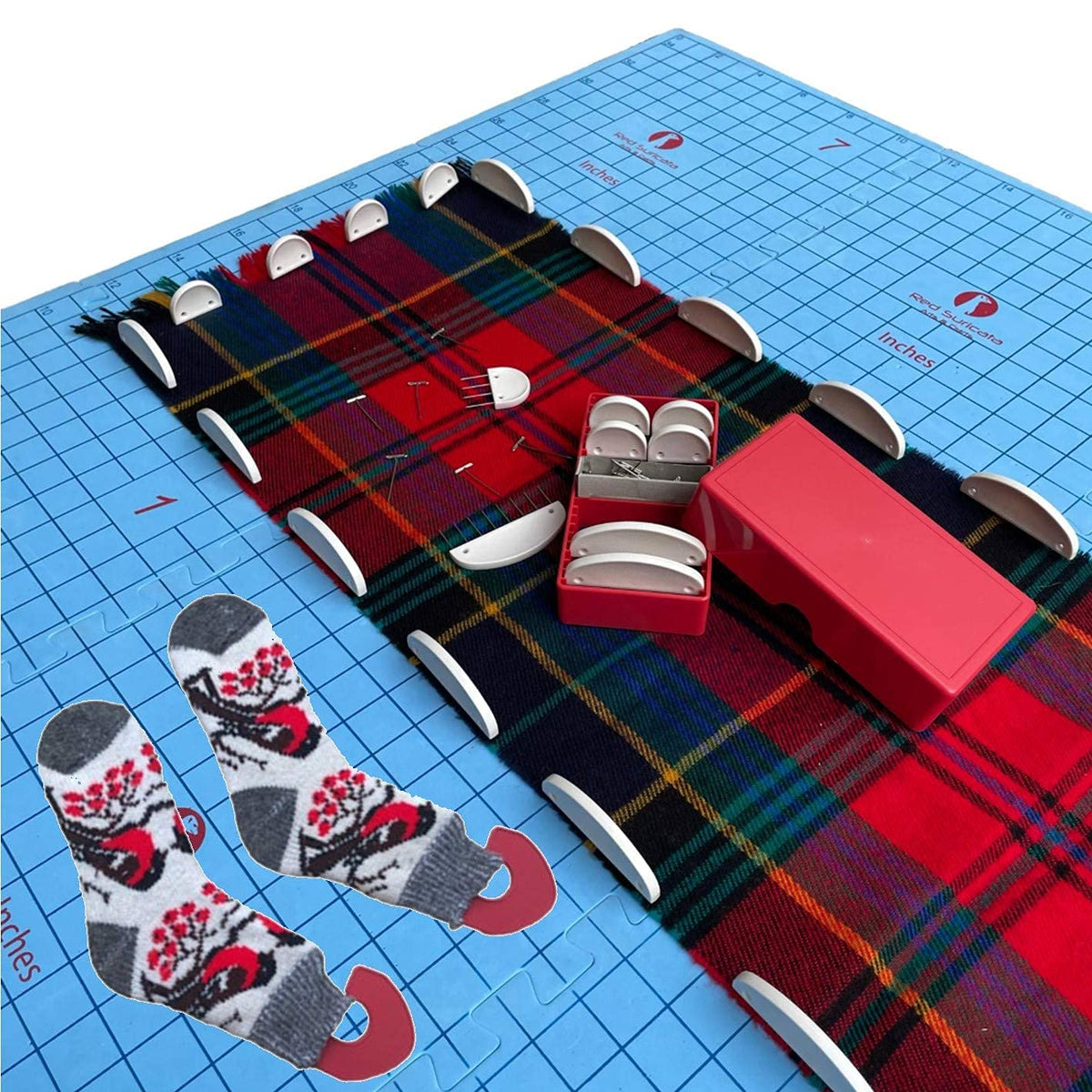 Red Suricata Knit Blocking Bundle – Extra Thick Blocking Mats for Knitting & Curved Knit Blocking Comb Set & Adjustable Sock Blockers - All in one Combined Storage Bag (CMs Grid)