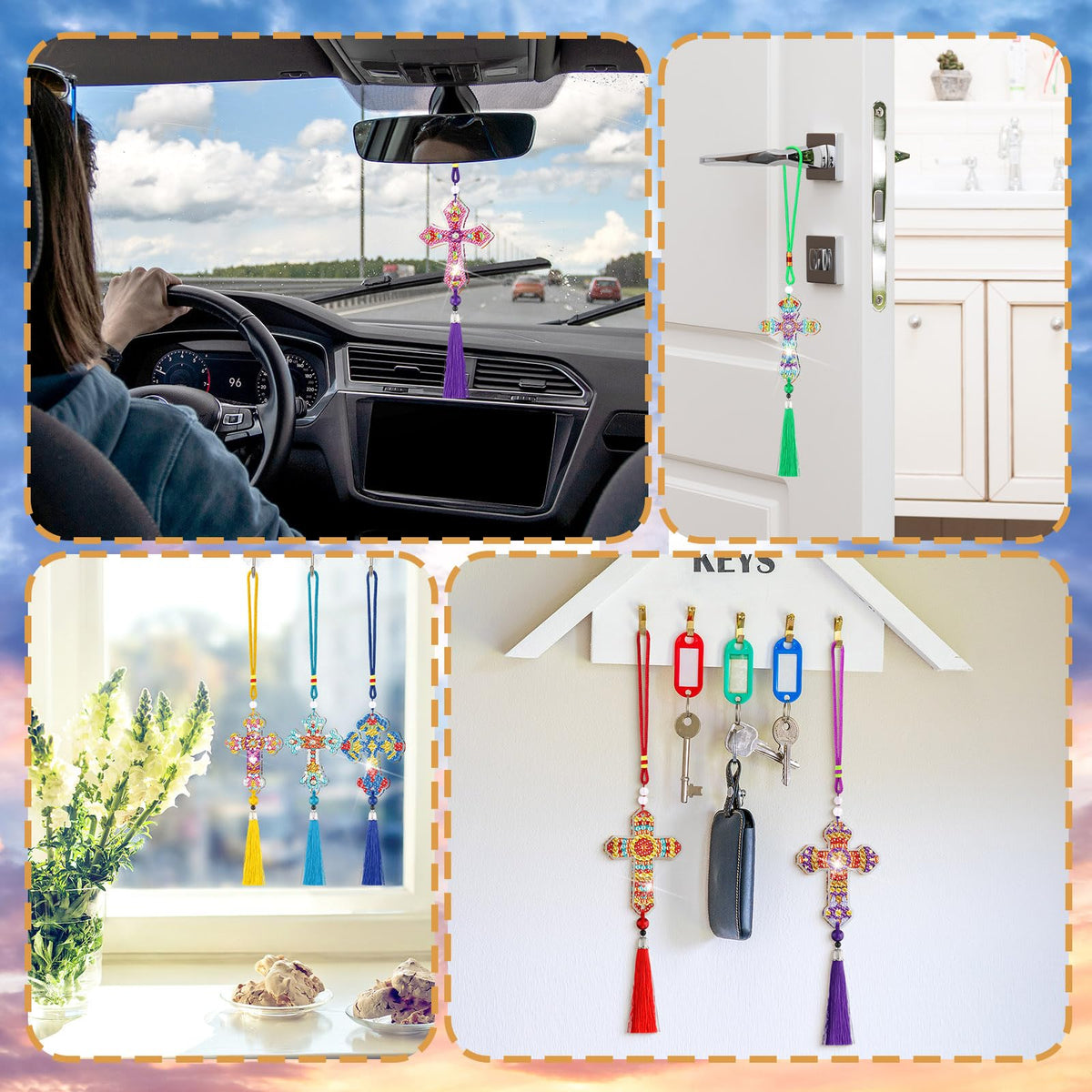 JenPen 12 Pcs Cross Diamond Art Kits Car Ornaments Double Sided Religious Cross Diamond Painting DIY 5d Christmas Painting Keychains Kits for Adults DIY Crafts