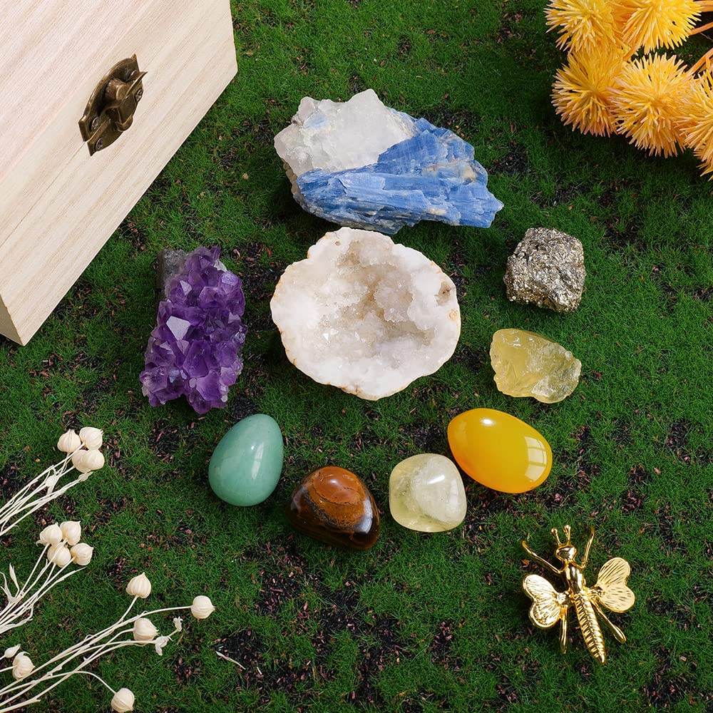 Runyangshi 9PCS Healing Crystals Set with Wooden Box -Amethyst Cluster/Clear Quartz Geode/Pyrite/Citrine/Aventurine/Yellow Agate/Tiger Eye Tumbled Stone for Prosperity & Wealth Meditation Energy Gift