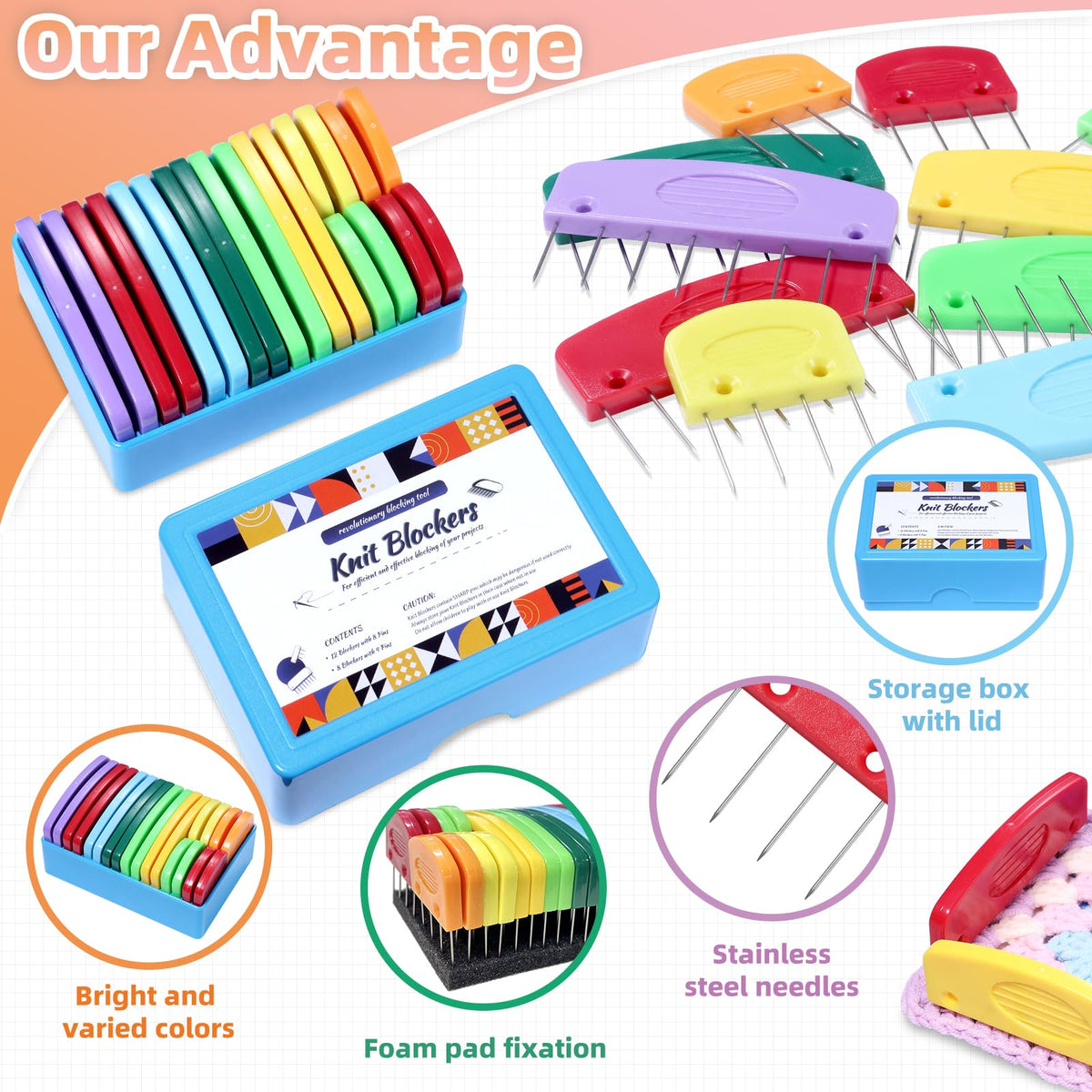 AnoleAir 20 Pcs Knit Blocker Pins Combs, Color Knit Blockers Combs for Blocking, Rainbow Knitting Blockers Pins for Blocking Mats Knitting Pins Kit Knitting Tools, Multi Colors