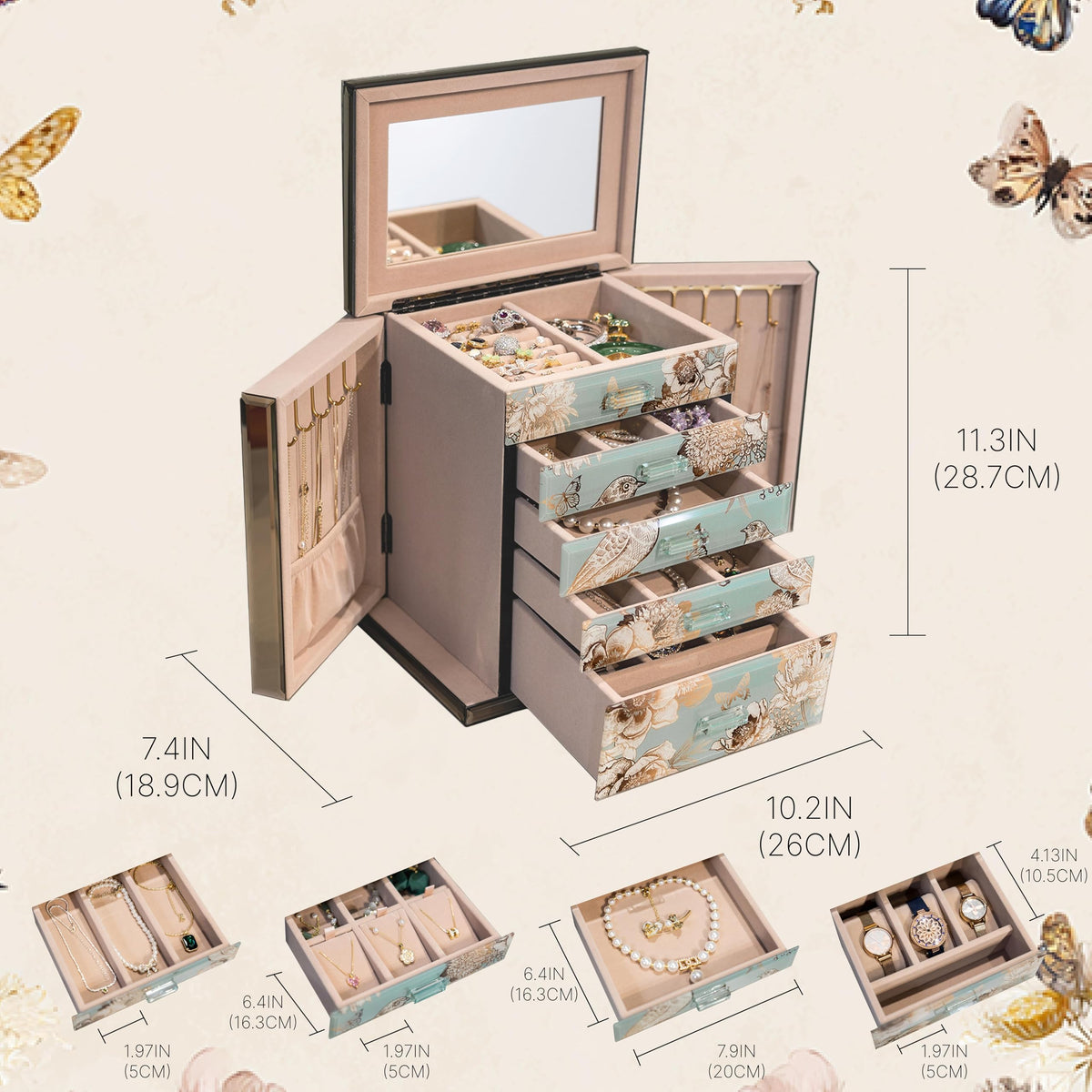 Homruilink High End Glass Jewelry Box, 5 Layer Jewelry Organizer for Women, Side Doors & Mirror, Velvet-Lined Storage for Rings & Necklaces, Ideal Gift (Bird & Floral)