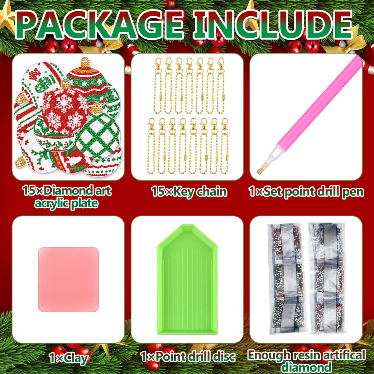 Yuxung 15 Pcs Christmas Diamond DIY Keychain 5D DIY Xmas Diamond Art Kit Hanging Decor Ornament Double Side Diamond Art Christmas Ornament for Art Christmas Craft(Classic)