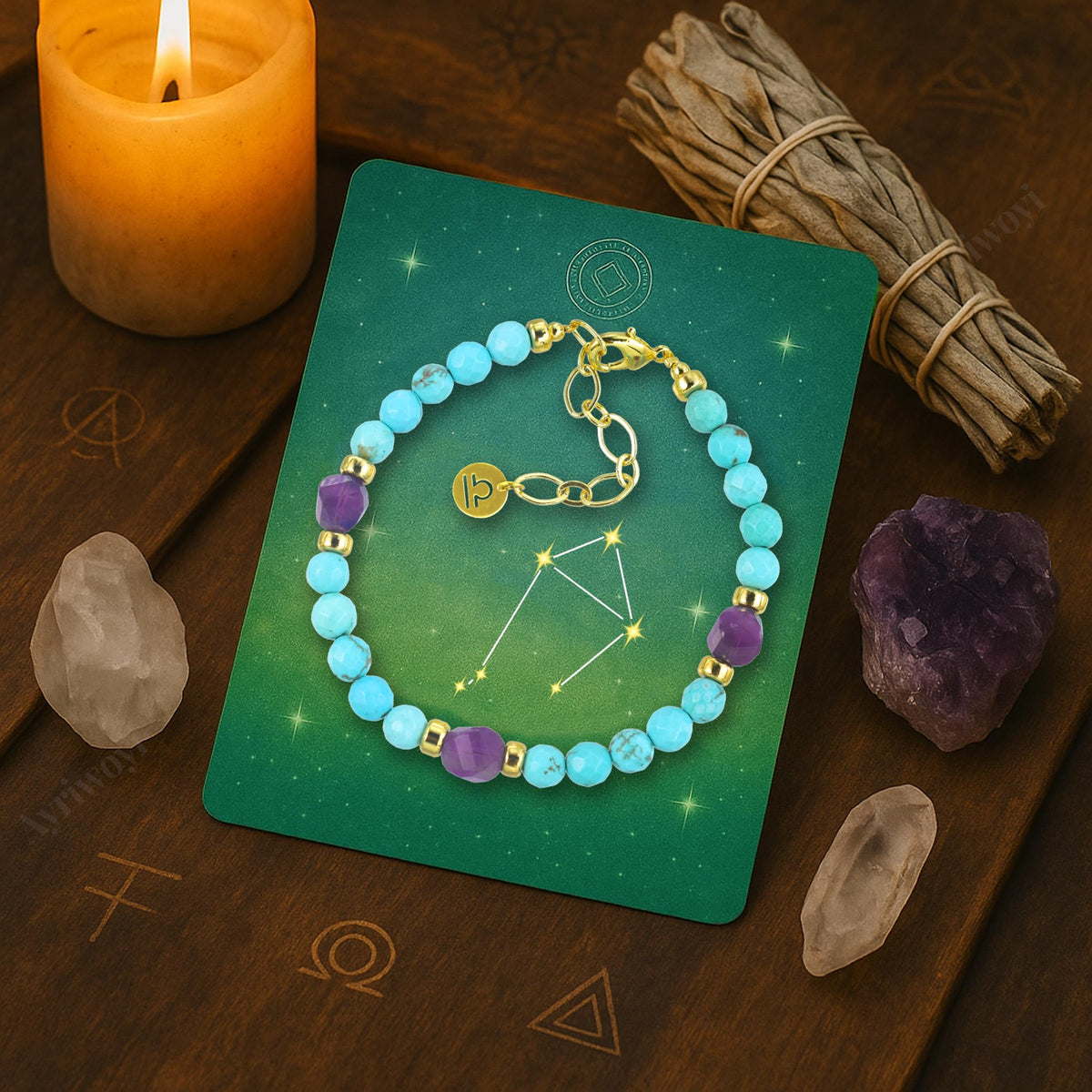 Ayriwoyi Libra Zodiac Bracelet for Women Blue Turquoise Amethyst Crystal Healing Stone Bracelet with Gold Horoscope Spiritual Bracelet Astrology Jewelry Gift for Women