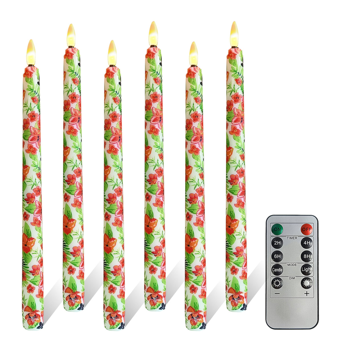 FCMSHAMD 6PCS Tropical Flower Flameless Taper Candles, 11 Inch LED Candlesticks Battery Operated with 11-Key Remote and Timer, 3D Flickering Flame Lights for Wedding Party Home Decor Gifts